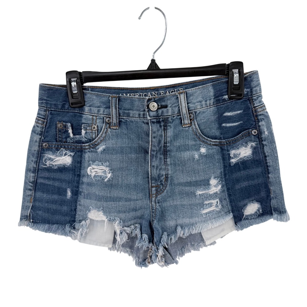 American Eagle Vintage Hi-Rise Festival Denim Shorts Blue Distressed Patchwork 4